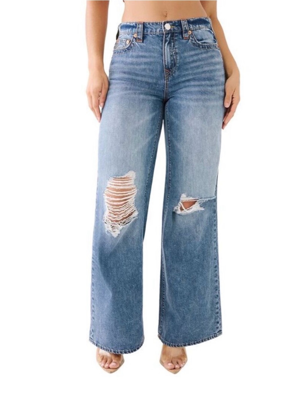 True Religion LEILA High Rise Wide Leg Ripped Blue Jeans Womens 28